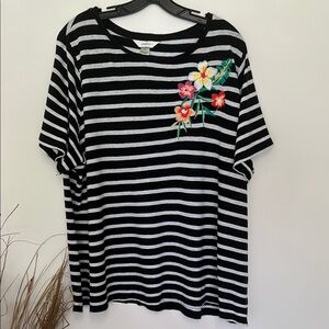 Striped Black and White Top with Floral Embroidery